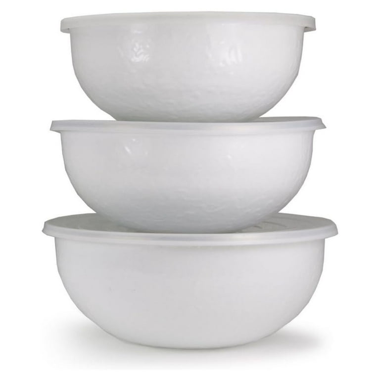 Solid White 3-Piece Enamelware Mixing Bowl Set with Lids Solid White 3-Piece Enamelware Mixing Bowl Set with Lids