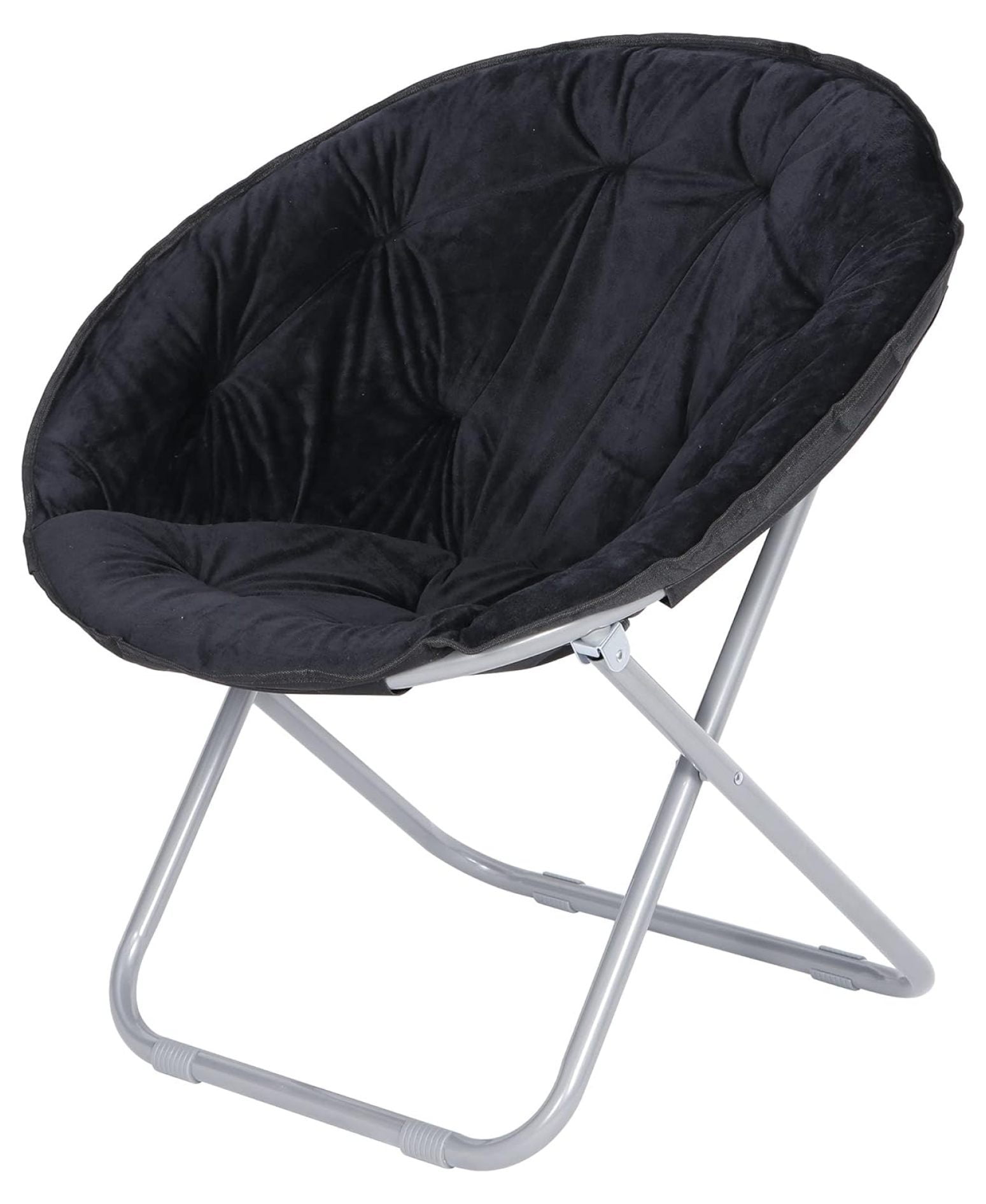 Drevy Faux Fur Saucer Folding Chair Portable Moon Chair with Foldable Metal Frame Soft Lounge Chair for Living Room Bedroom Courtyard Black