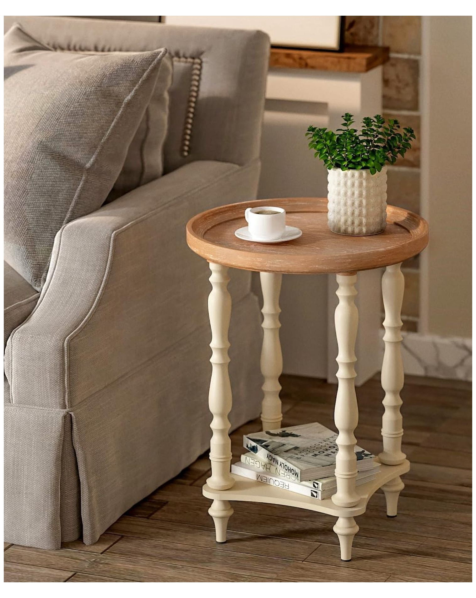 Drevy French Country End Table, 19'' Round Farmhouse Side Table, Distressed Wood Tray Top Rustic ...