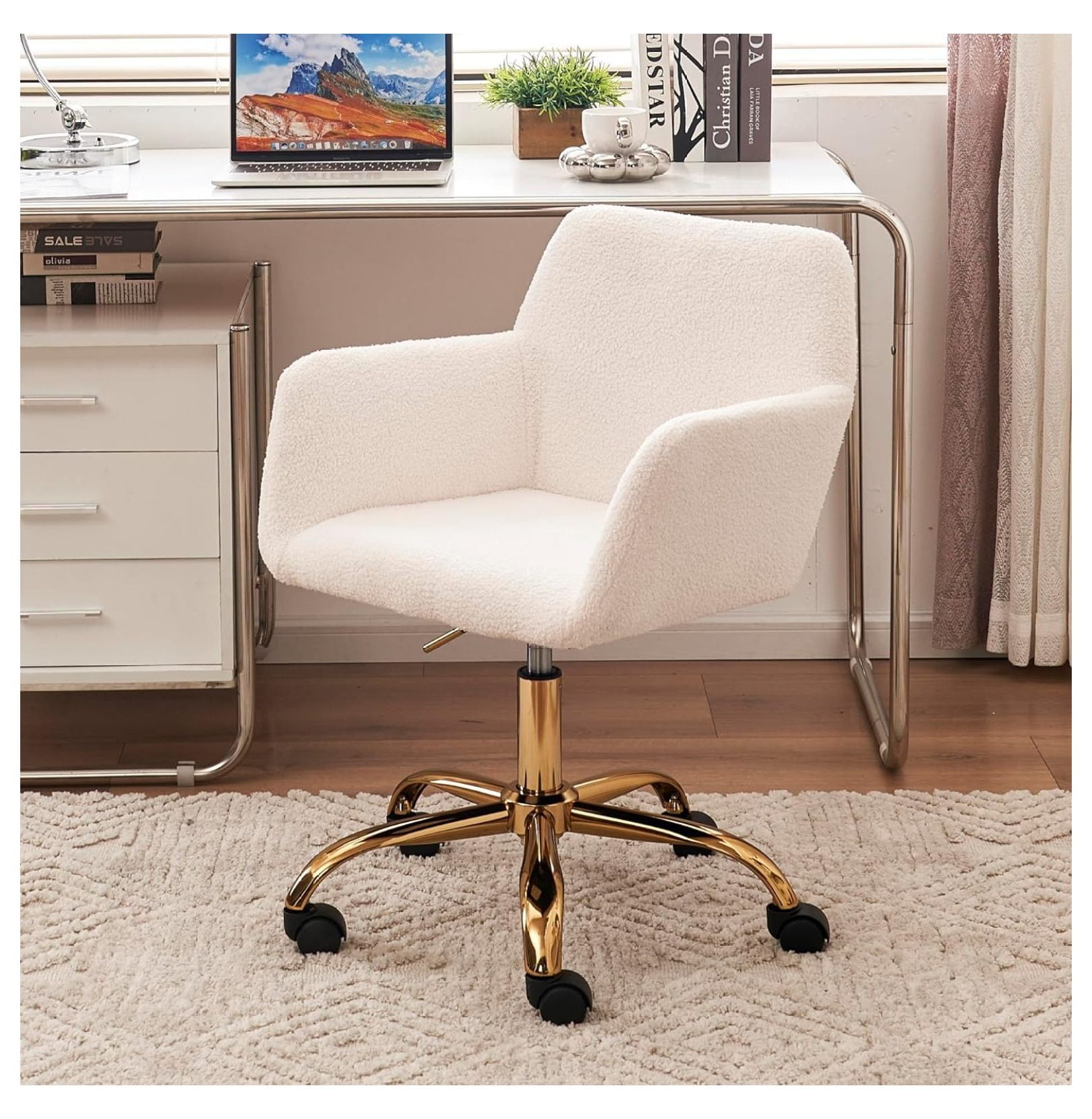 Drevy Furry Office Chair Fuzzy Swivel Desk Chair, Faux Fur Home Office Chair Teddy Fabric