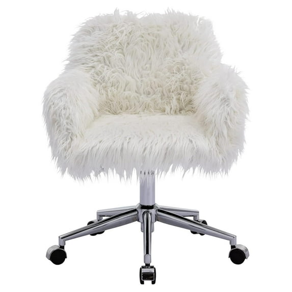 Drevy Fuzzy Desk Chair Fluffy Office Chair Faux Fur Desk Chair Modern Swivel Chair with Armrest Vanity Chair Soft Comfortable for Woman Girl Living Dressing Room White