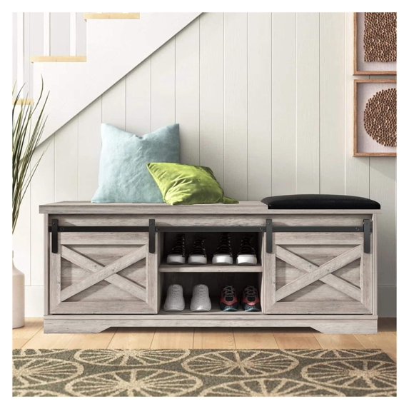 Grey Entry Bench Drevy Grey Shoe Bench Entryway with Storage & Cushion, Farmhouse ...