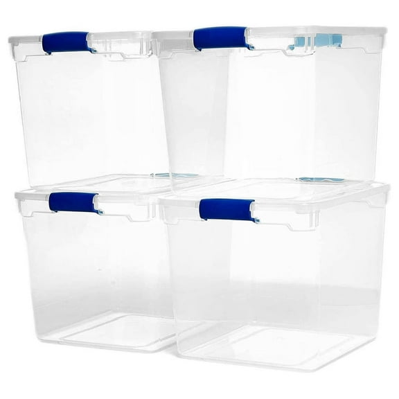 Drevy Heavy Duty Modular Clear Plastic Stackable Storage Tote Containers with Latching and Locking Lids, 31 Quart Capacity, 4 Pack