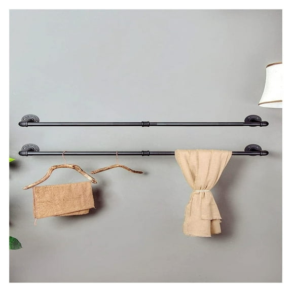 Drevy Industrial Pipe Clothing Rack 41.0" Set of 2. Heavy Duty Black Iron Pipe Clothing Garment Hanging Rod Bars. Wall Mounted. Closet Laundy 2 Pack