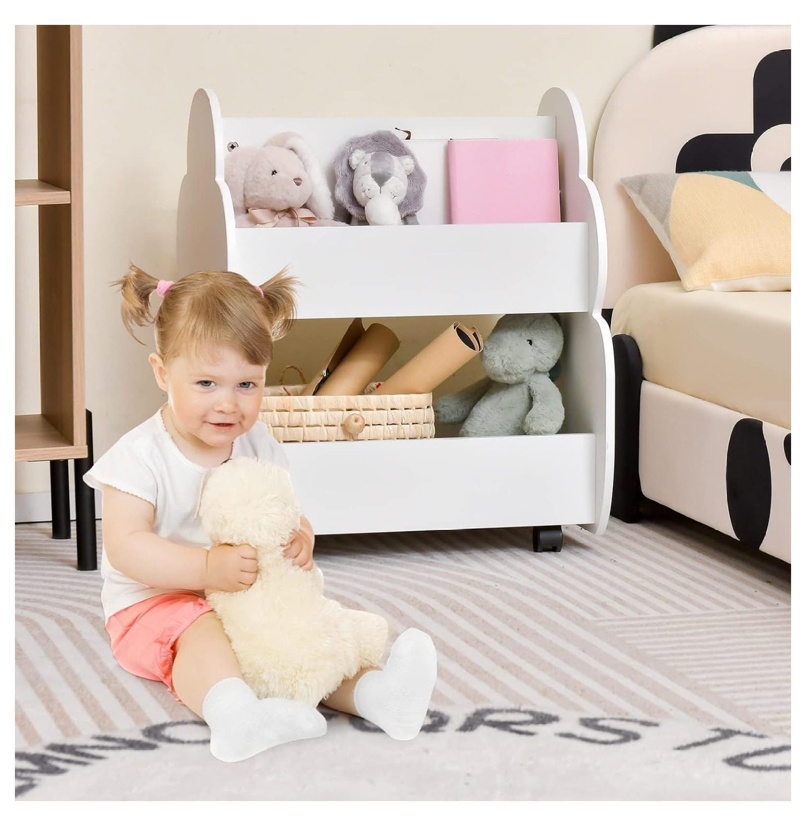 Drevy Kids Bookshelf with Wheels, Wooden Bookcase Toy Storage
