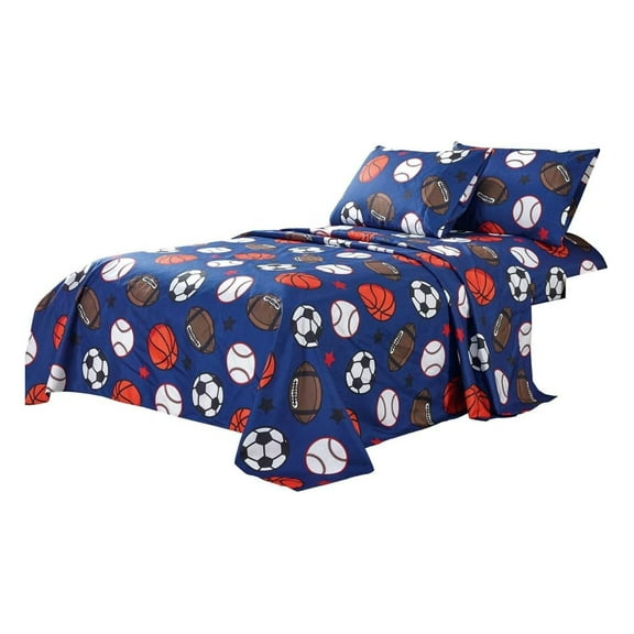 Drevy Kids Collection Bedding 3 Piece Blue Size Sheet Set with Flat Fitted Sheets Pillow sham Football Soccer Baseball Basketball Fun Sports Design (Football, Sheet Set)