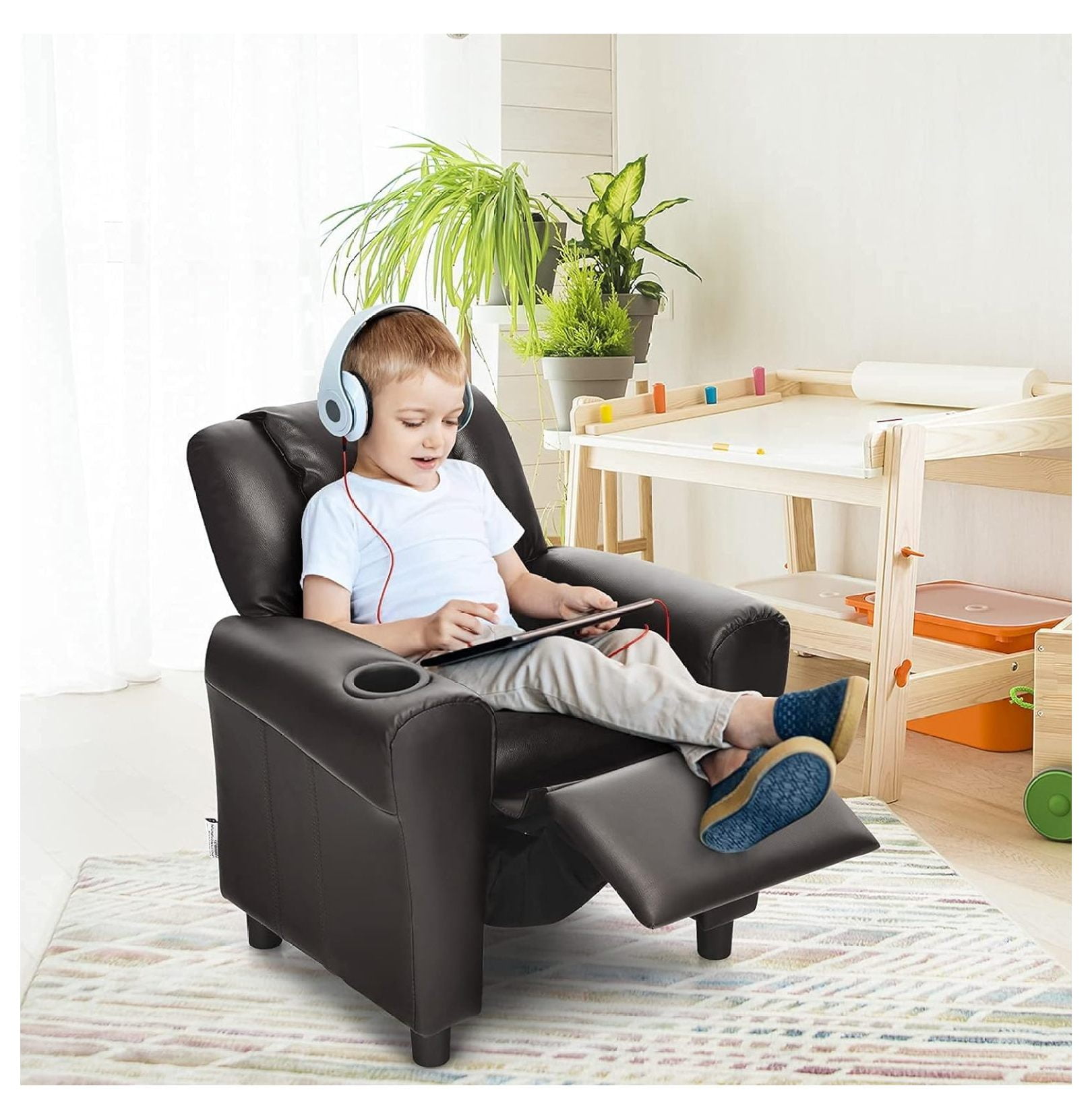 Drevy Kids Recliner Sofa, Children Armchair Couch with Cup Holder