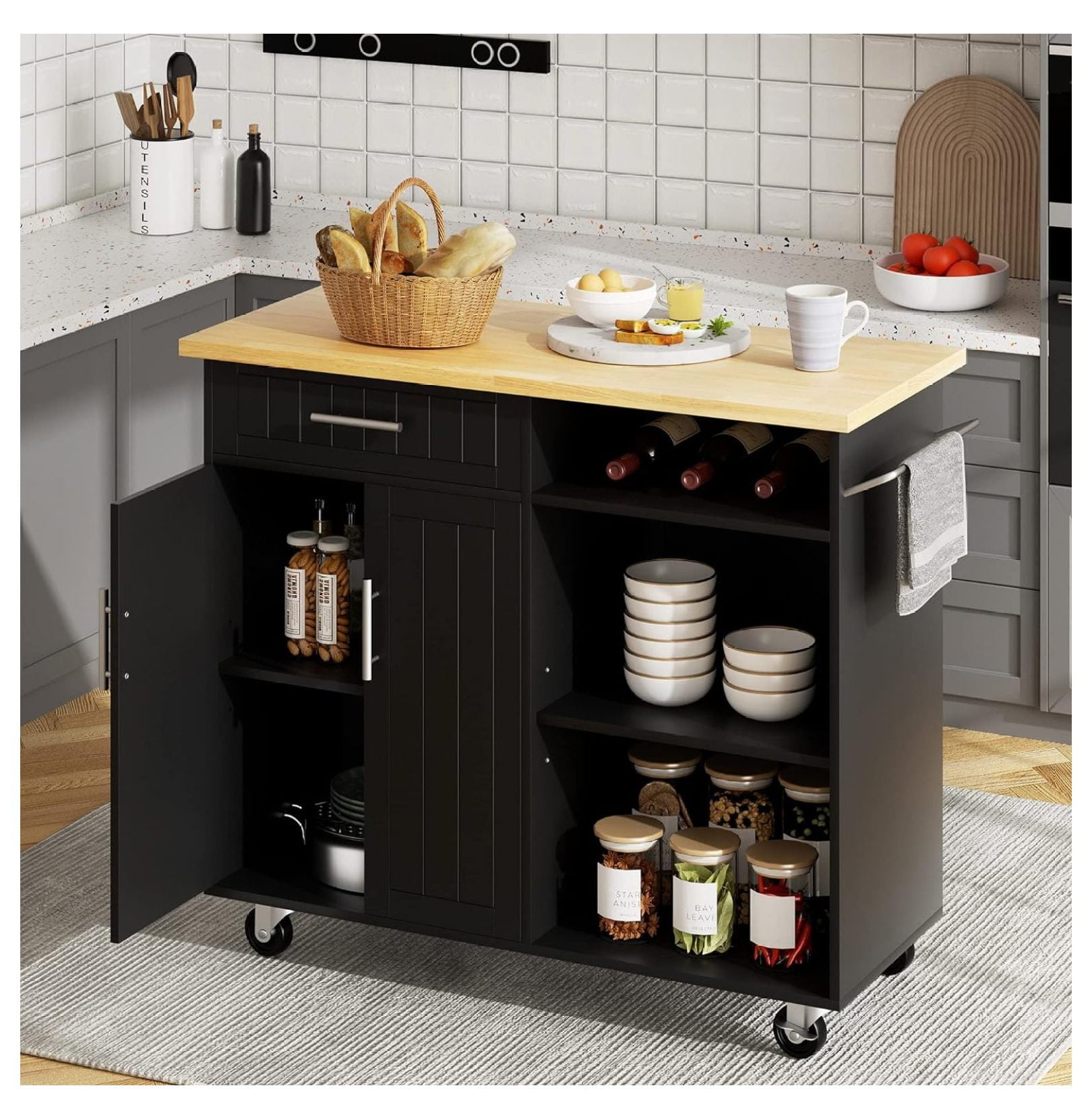 Drevy Kitchen Island on Wheels with Storage & Drawer, 42" Multifunction Kitchen Cart