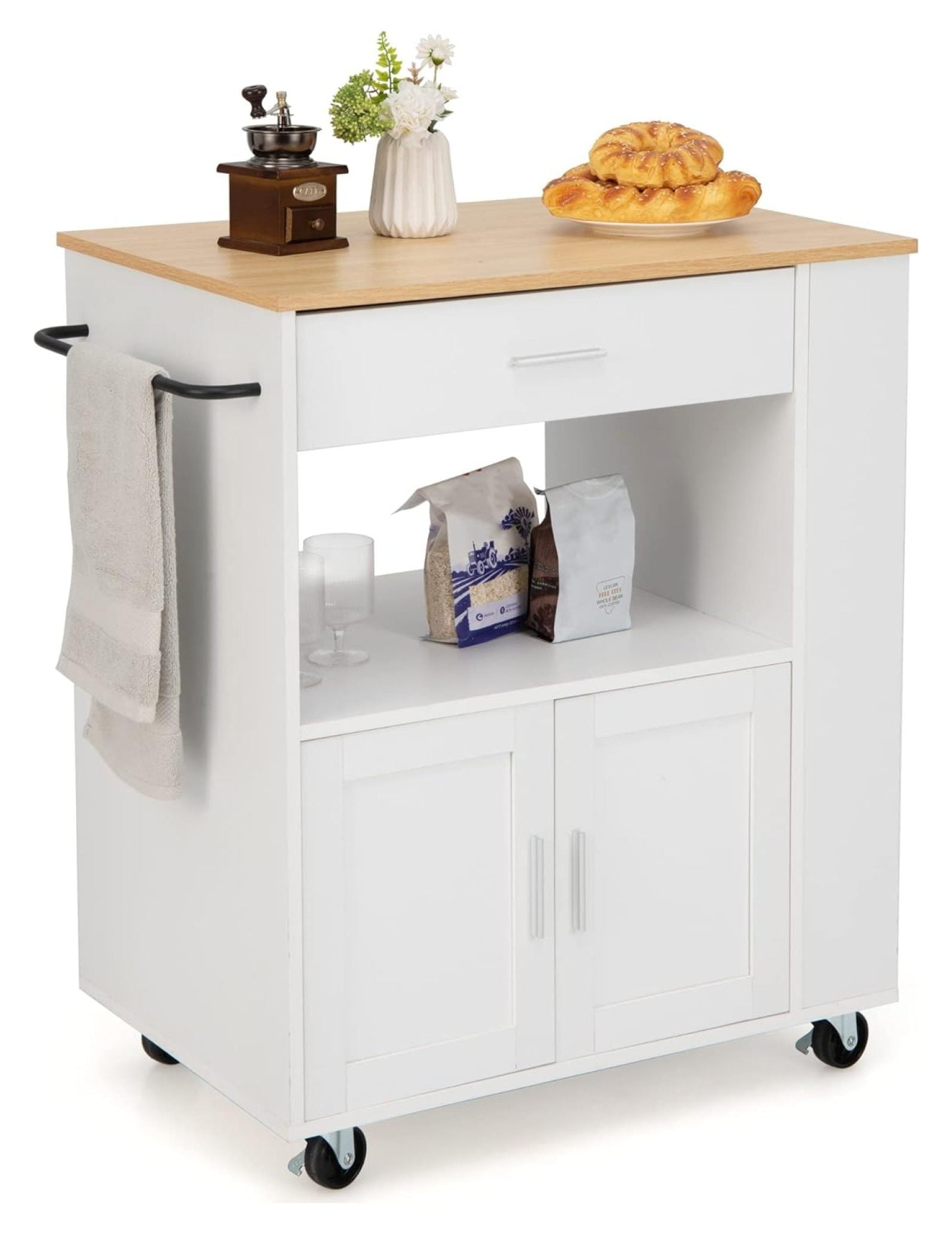 Drevy Kitchen Island on Wheels, Kitchen Trolley Cart with Towel Rack