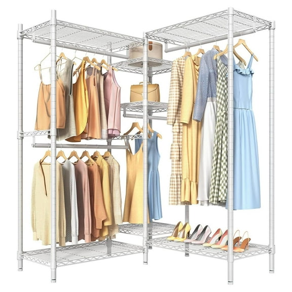 Drevy L6 Heavy Duty Clothes Rack L Shape Clothing Rack 5-Tier Wire Garment Rack Freestanding Closet with 7 Adjustable Shelves & 4 Hanging Rods, 46.5" L x 46.5" W x 76.8" H, Max Load 800LBS, White