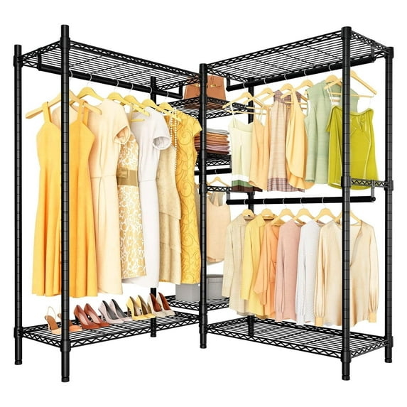 Drevy L6 Plus Garment Rack Heavy Duty Clothes Rack Corner Closet Rack L Shaped Clothing Rack, 5-Tier Freestanding Closet with 7 Adjustable Shelves, 52.8" L x 52.8" W x 76.4" H, Max Load 900LBS, Black