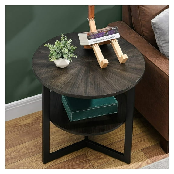 Drevy Large Round End Table with Storage Shelf, Rustic Circular Sofa Side Black Metal Legs, Solid Wood Nightstand, Telephone for Living Room, Bedroom, 25.2''D x 24''H Brushed CJZ1338BK