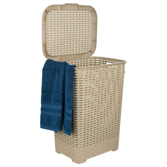 Drevy Laundry Hamper Basket With Easy Open Lid 60 Liter Beige, Large Wicker Hamper, Dirty Cloths Storage With Two Cutout Handles, Laundry Room Bin