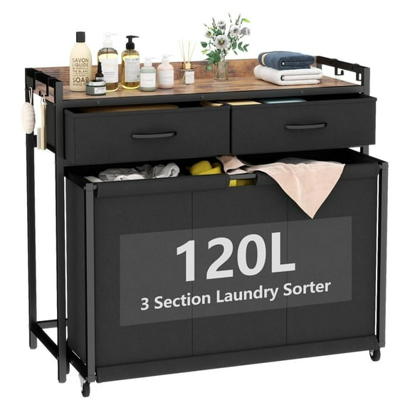 Drevy Laundry Hamper Laundry Basket with 3 Section Pull-Out Rolling Bags, Laundry Sorter for Organization and Storage with 2 Pull-Out Drawers for Laundry Room, Bathroom, Bedroom Use, Wheeled, Portable