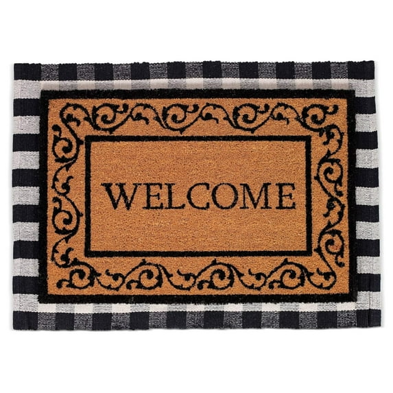Drevy Layered Welcome Mats - Standard Welcome Mat - Natural Fade - Vinyl Backed - Outdoor - Front Door Entryway Mats (30 x 42-Layered, Welcome with Scroll Border)