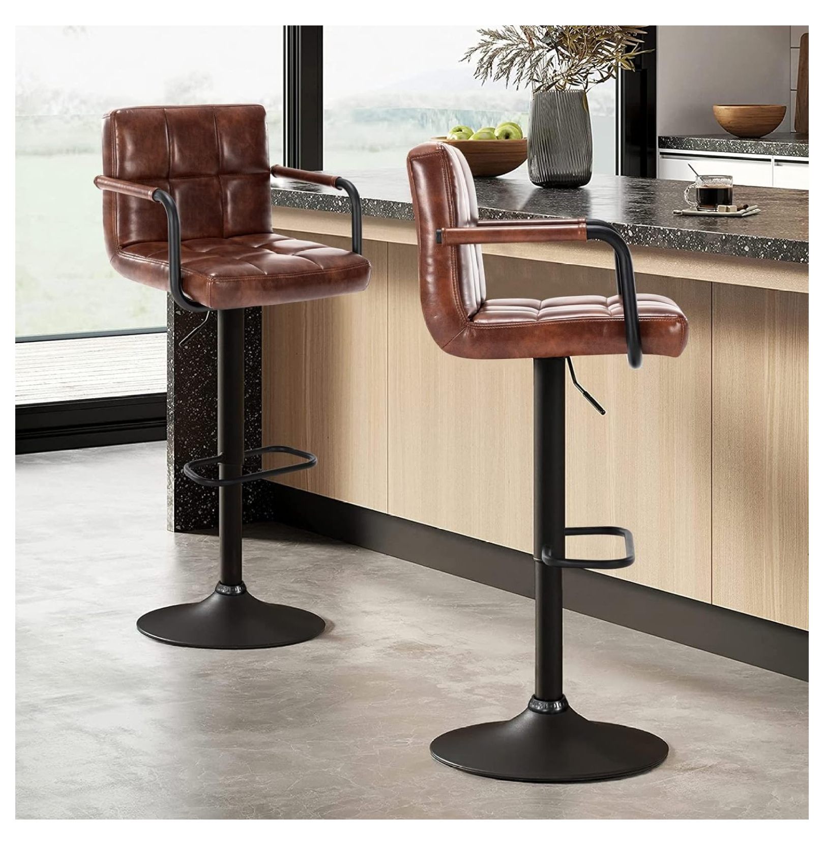 Drevy Leather Barstools Set of 2, Adjustable 360°Swivel Hydraulic