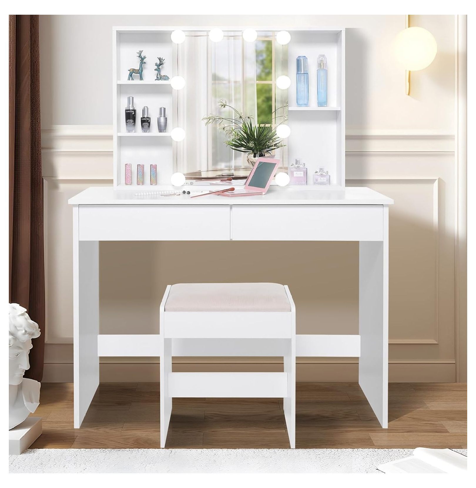Drevy Makeup Vanity Table with Lighted Mirror, Vanity Desk with Sliding