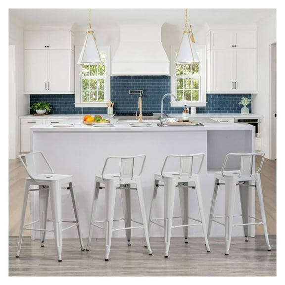 Drevy Metal Barstools Set of 4 Industrial Bar Stools Counter Stools with Backs Indoor-Outdoor Counter Height Bar Stools (26 inch, White)