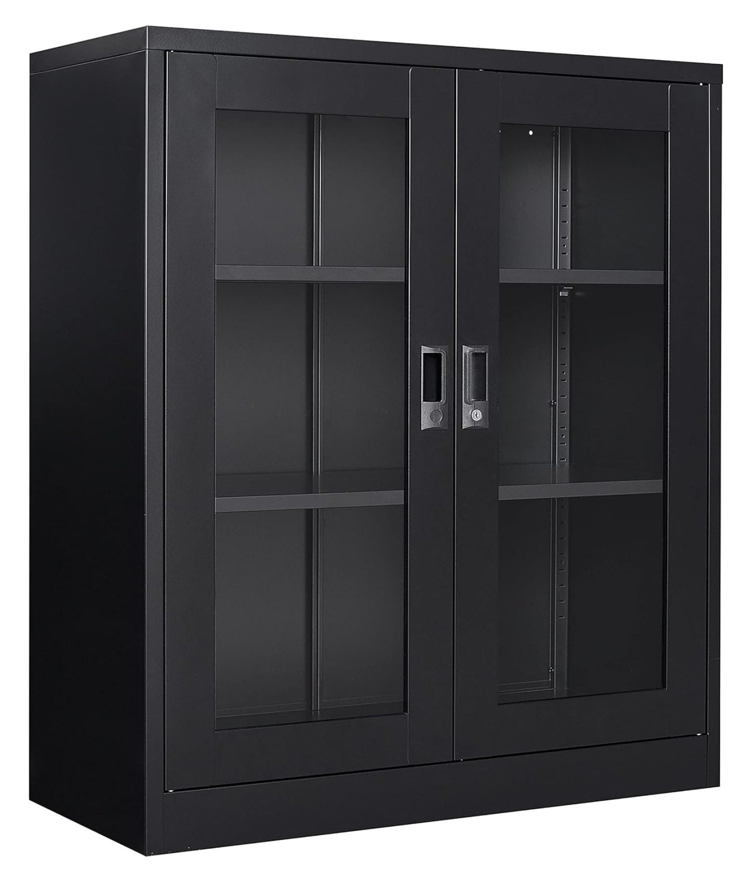 Black Metal and Glass Lockable Display Cabinet with Adjustable Shelves