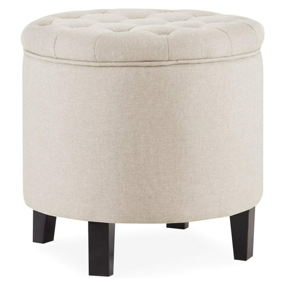 Drevy Modern Button Tufted Accent Storage Ottoman, Small Upholstered Circle Pouf Footstool with Lift Top, for Bedroom, Living Room or Vanity, 17-3/4" Round - Lexington (Beige)