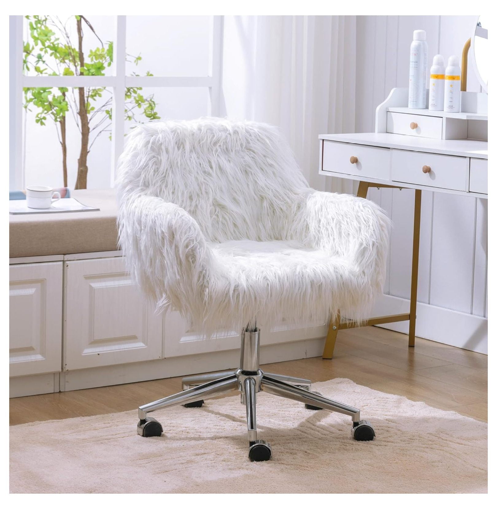 Drevy Modern Faux Fur Cute Office Chair,Upholstered Fluffy Makeup