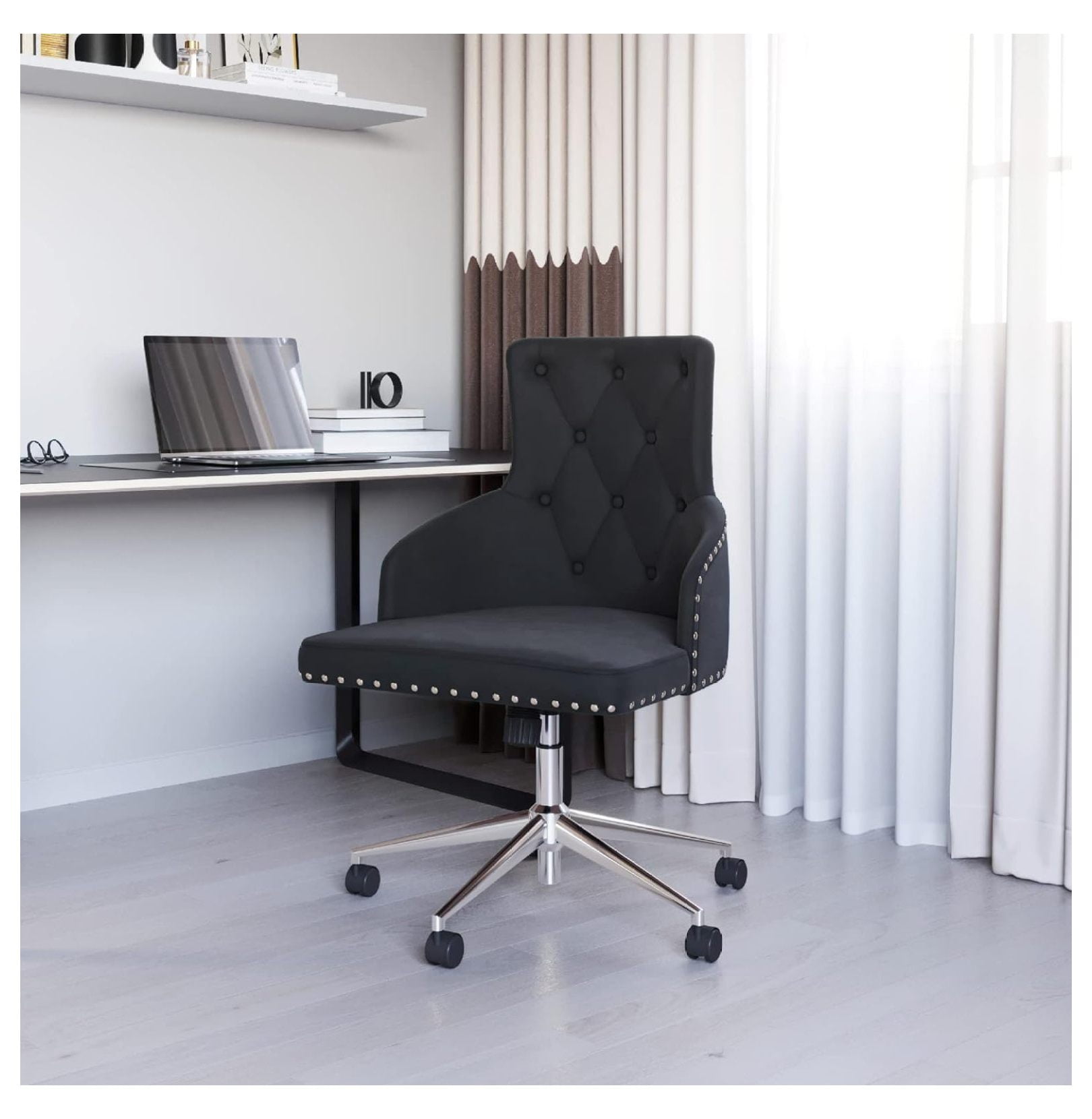 Drevy Modern Velvet Desk Chair for Home Office or Bedroom Vanity, Tufted Upholstered Seat with Slim Arms, Adjustable Height, Swivel, Wheels - Belden (Black)