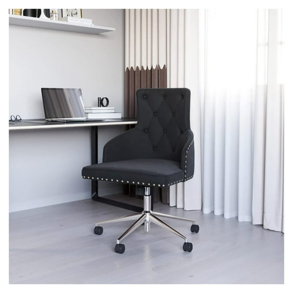 Drevy Modern Velvet Desk Chair for Home Office or Bedroom Vanity, Tufted Upholstered Seat with Slim Arms, Adjustable Height, Swivel, Wheels - Belden (Black)