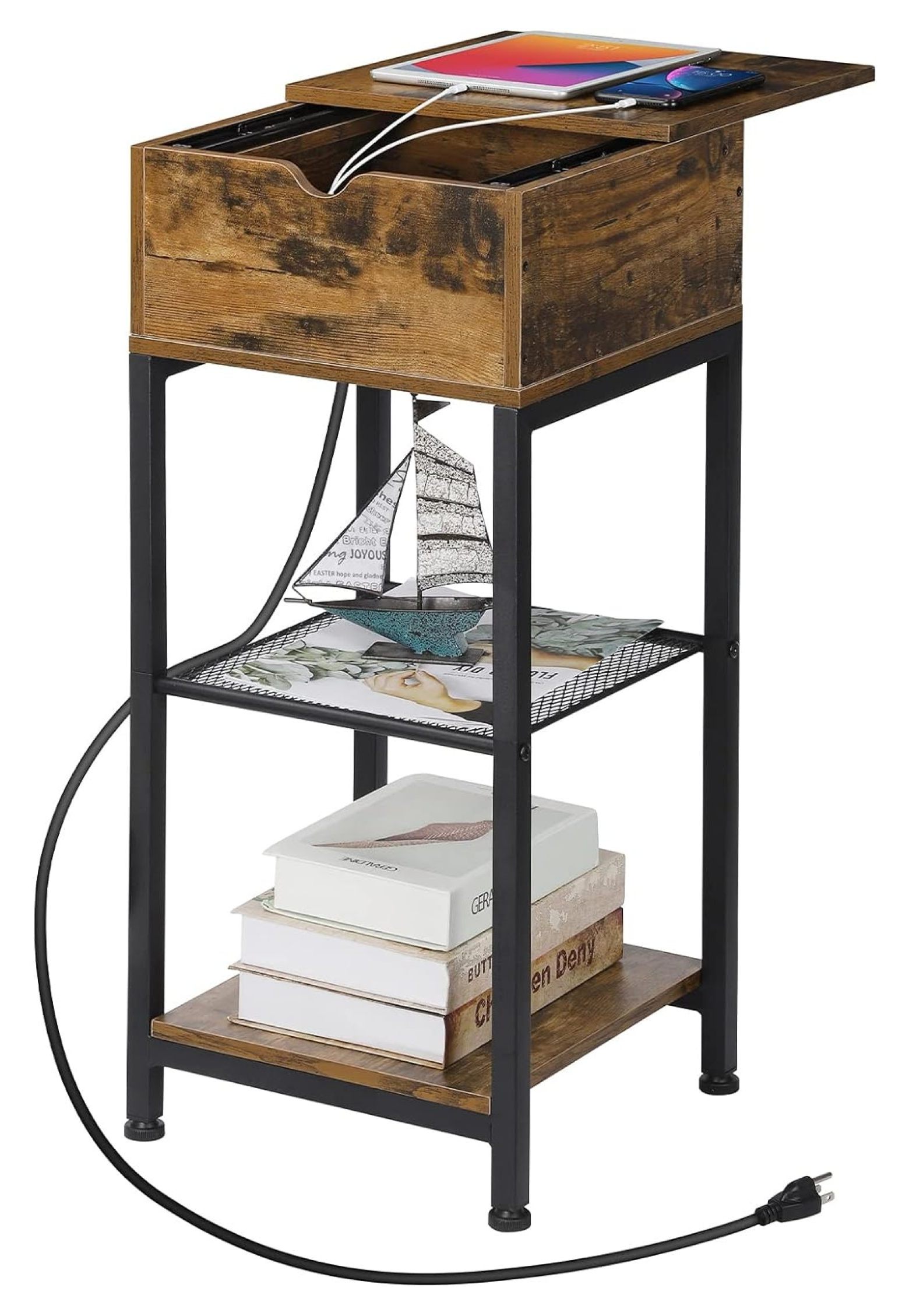 Drevy Narrow End Table, Night Stand with Charging Station, Bedside