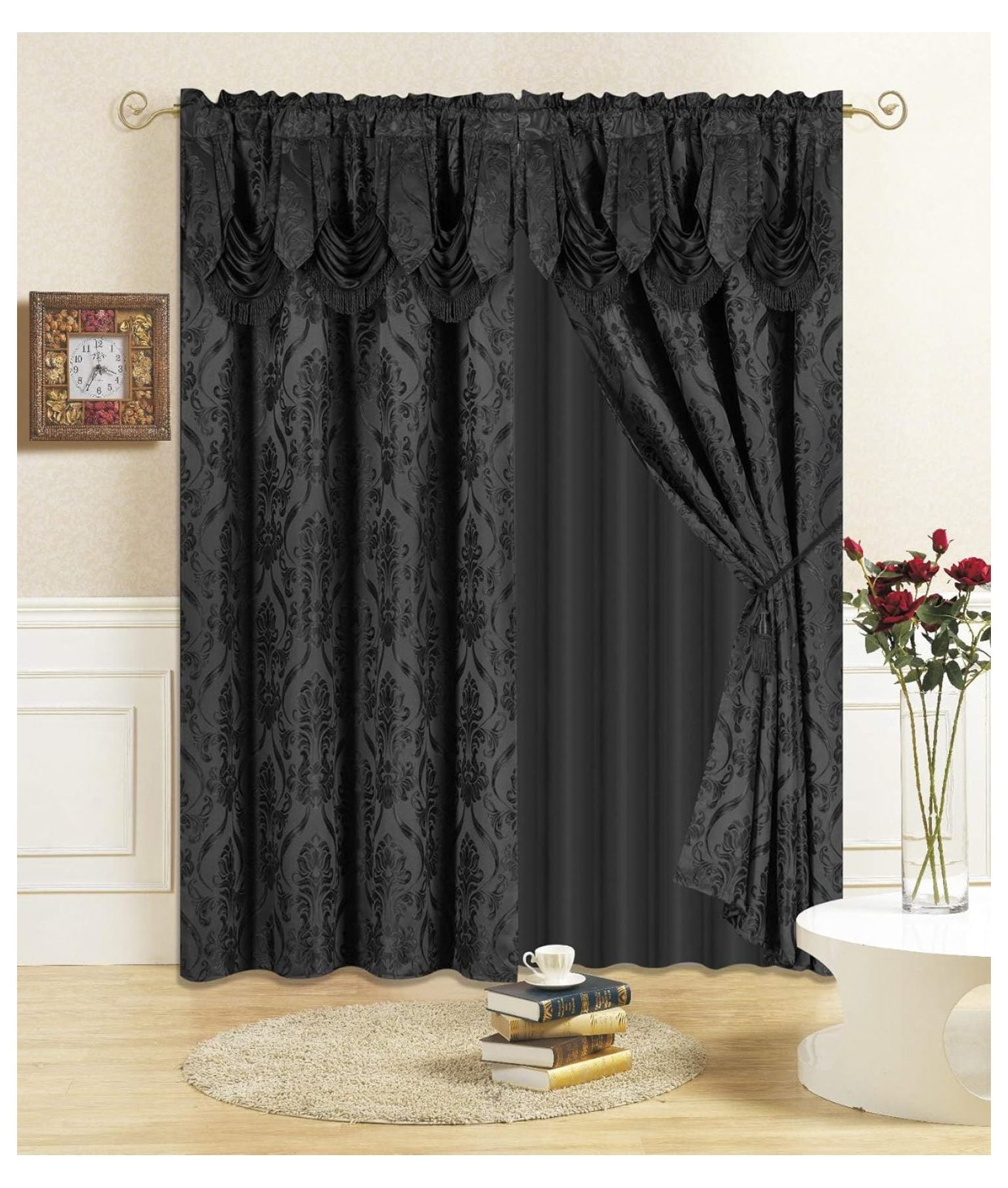 Black Sheer Polyester Rod Pocket Curtain Set with Valance