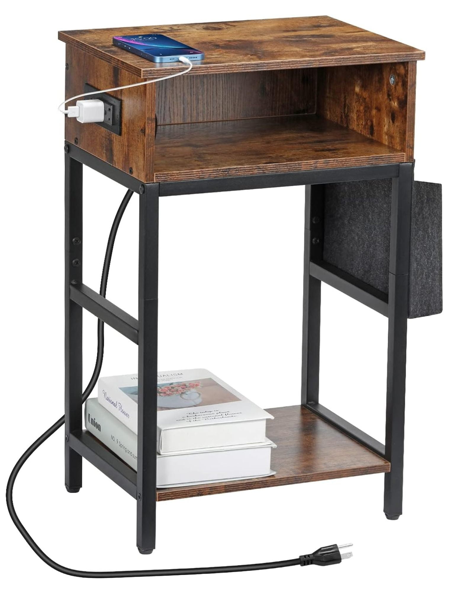 Drevy Nightstand with Charging Station, End Side Table with Storage Bag ...