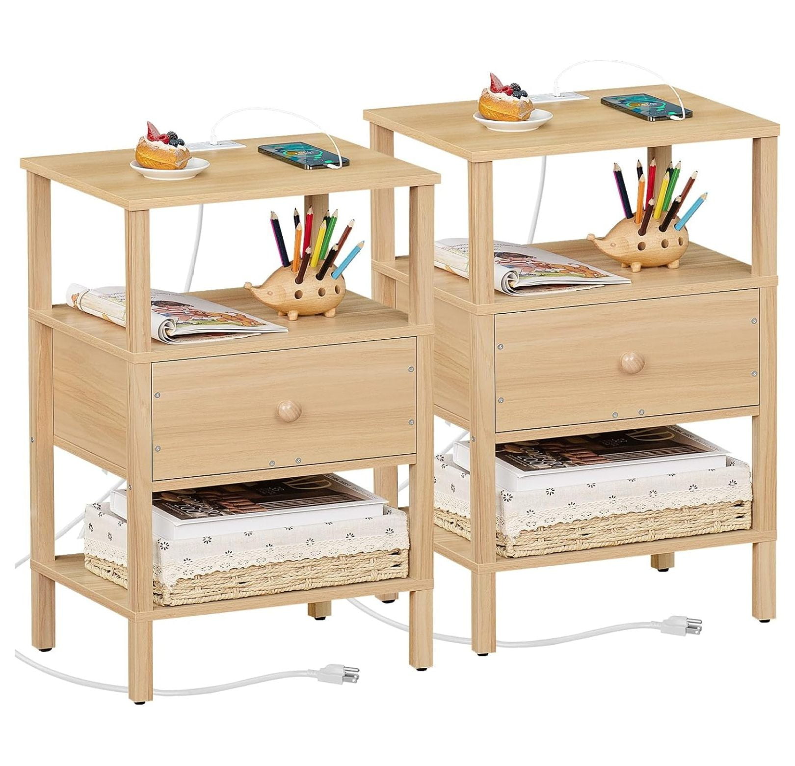 Drevy Nightstand Set of 2 with Charging Station and USB Ports, 3-Tier ...