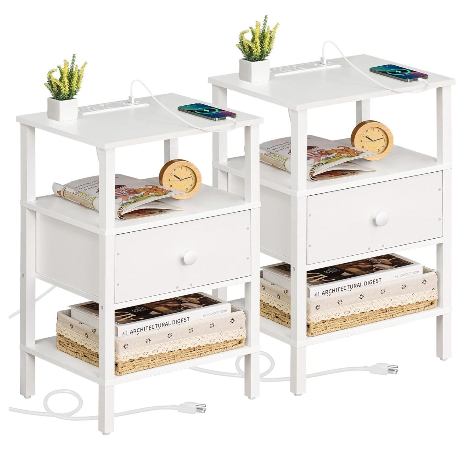 Drevy Nightstand Set of 2 with Charging Station and USB Ports, 3Tier