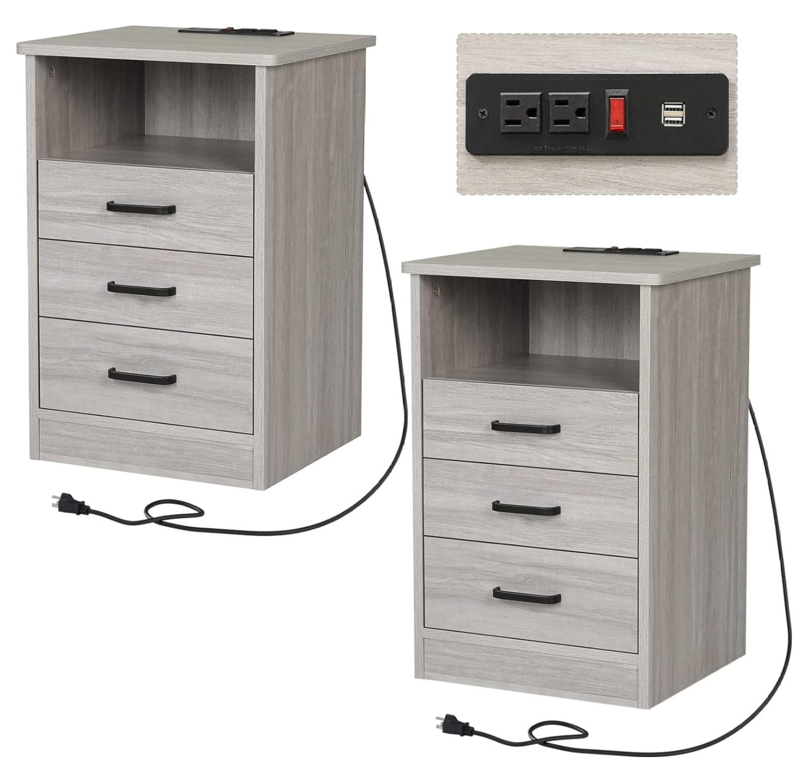Drevy Nightstand Set of 2 with Charging Station,Grey Night Stands for
