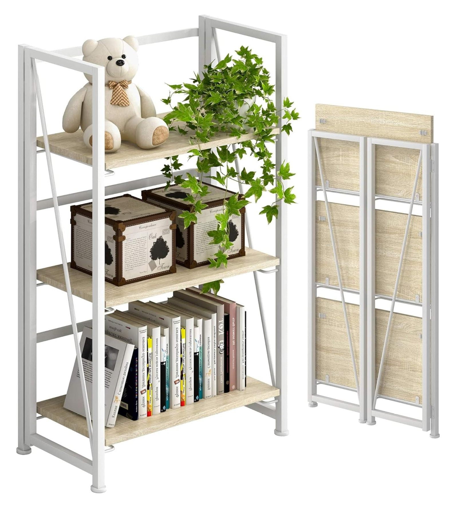 Drevy NoAssembly Folding Bookshelf Storage Shelves 3 Tiers Vintage