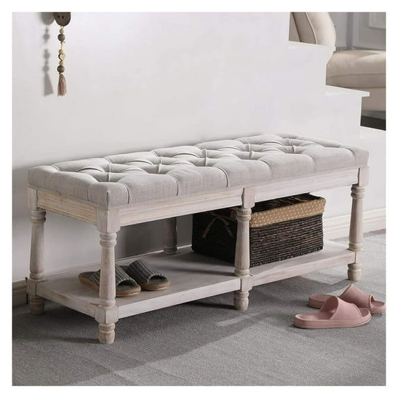 Drevy Ottoman Storage Bench Upholstered Bedroom Bench for End of Bed Wooden Entryway Bench Tufted Padded Bench Seat for Farmhouse, Indoor Window, Beige White