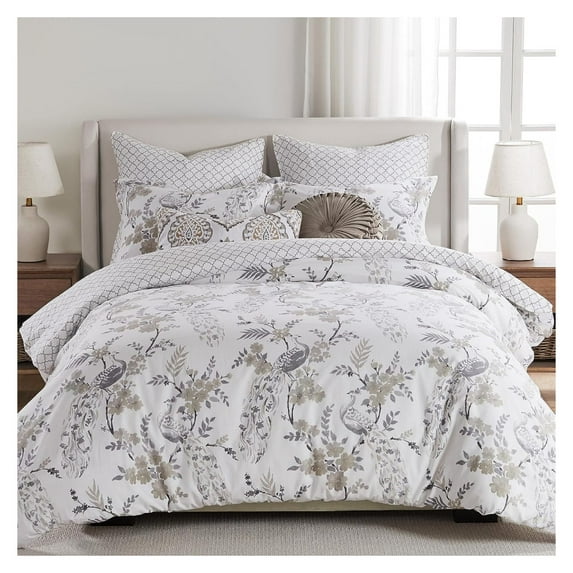 Drevy - Pisa Duvet Cover Set - Duvet Cover + Two Standard Pillow Cases - Floral Contemporary Peacock - Grey and Taupe - Duvet Cover (68 x 88in.) and Pillow Case (26 x 20in.) - Cotton
