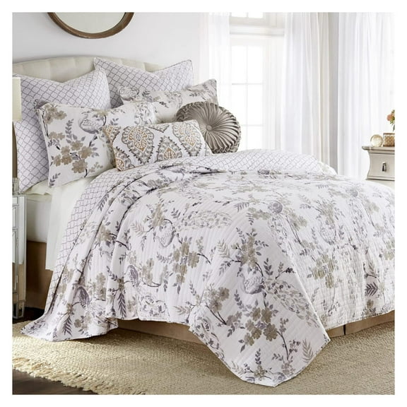 Drevy - Pisa Quilt Set - Full/Queen Quilt + Two Standard Pillow Shams - Floral Peacock - Grey and Taupe - (88x92in.) and Pillow Sham Size (26x20in.) - Reversible - Cotton