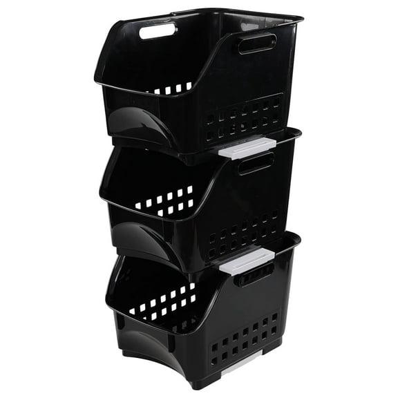 Drevy Plastic Stacking Bins, Stackable Storage Basket Trays, Black, Set of 3