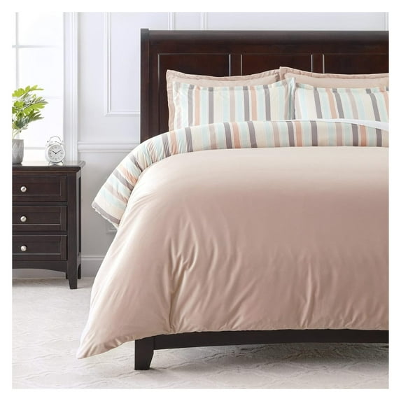 Drevy Premium 5-Piece Reversible Ultra Soft Brushed Microfiber Velvet Bedding Comforter Duvet Cover Set - Pastel Stripe Print - (1 Duvet Cover & 4 Pillow Shams) - Queen Bed