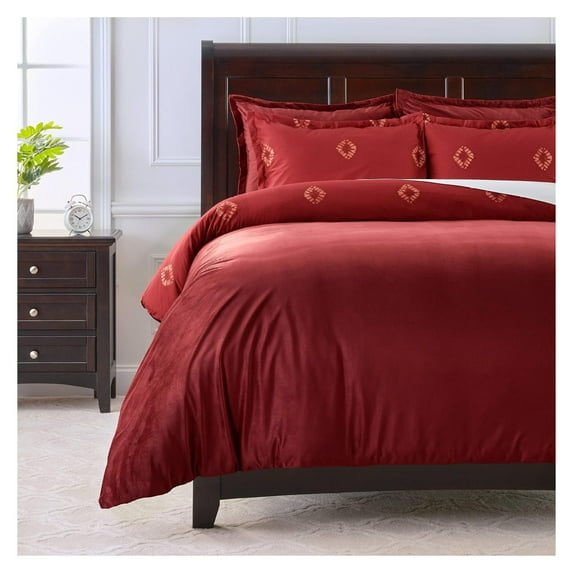 Drevy Premium 5-Piece Reversible Ultra Soft Brushed Microfiber Velvet Bedding Comforter Duvet Cover Set - Shibori Geometric Deep Red Maroon Print - (1 Duvet Cover & 4 Pillow Shams) - Queen Bed