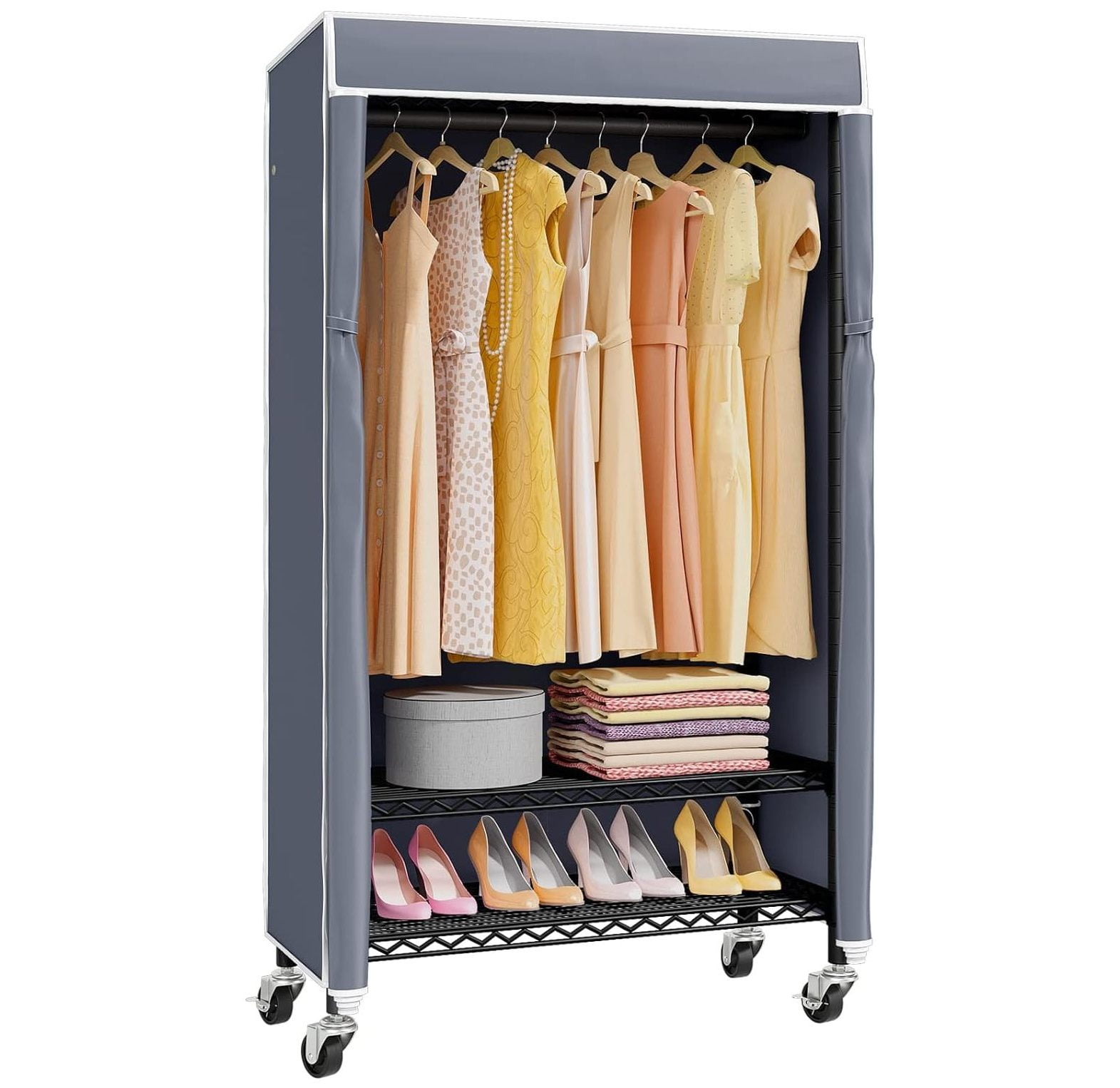 Drevy R1C Plus Rolling Clothes Rack with Cover Portable Closet for Hanging Clothes Heavy Duty Garment Rack Freestanding Clothing Rack with Wheels Hanging Rod Black Closet Rack with Gray Cover