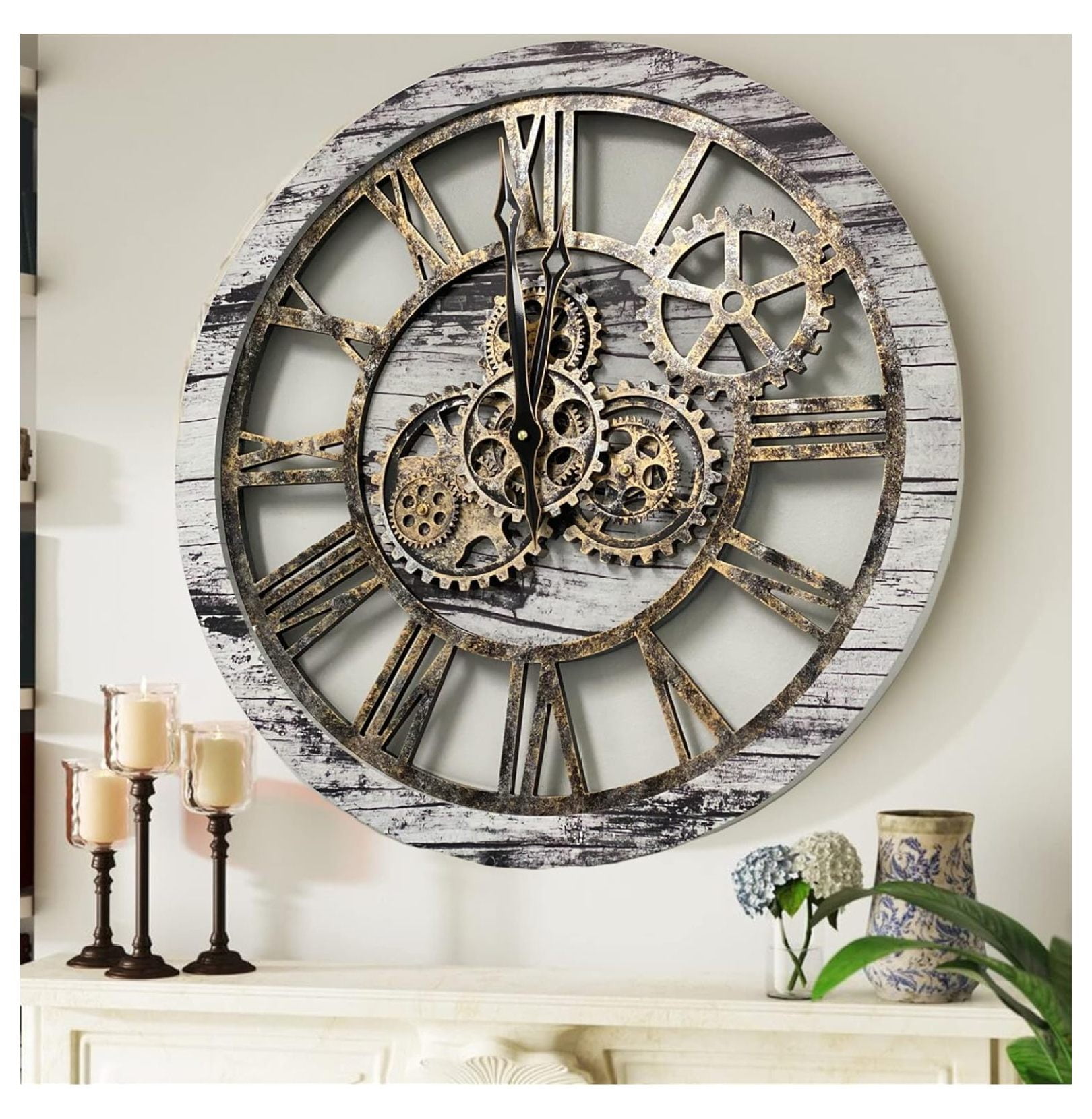 Drevy Real Moving Gear Wall Clock Vintage Industrial Oversized Rustic