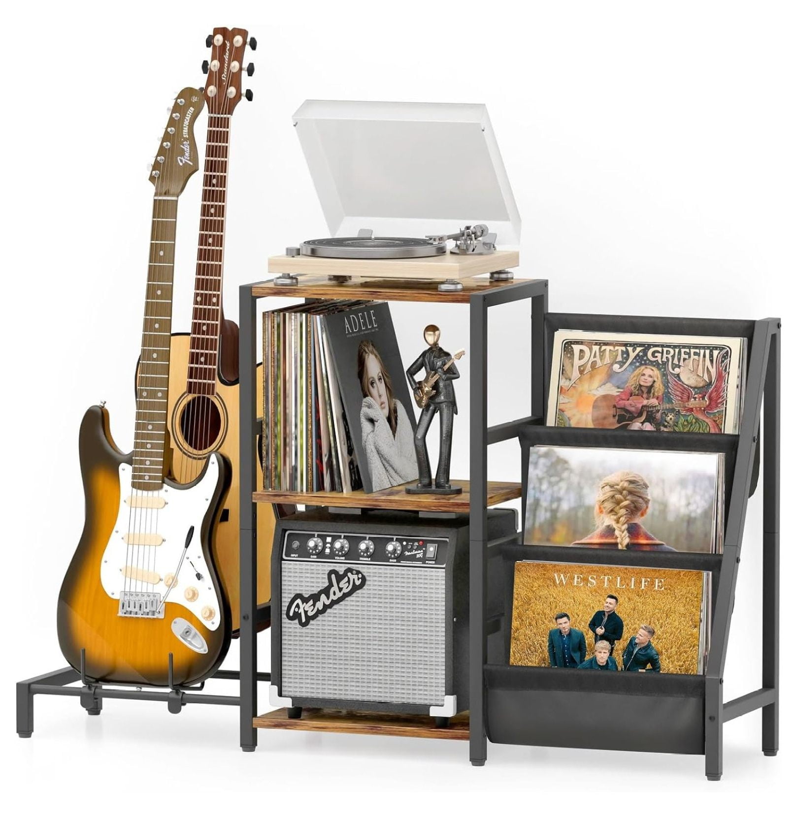 3-Tier Record Player Stand With Guitar Holder & Amp Shelf - All-in-One Storage For Vinyl & Guitars