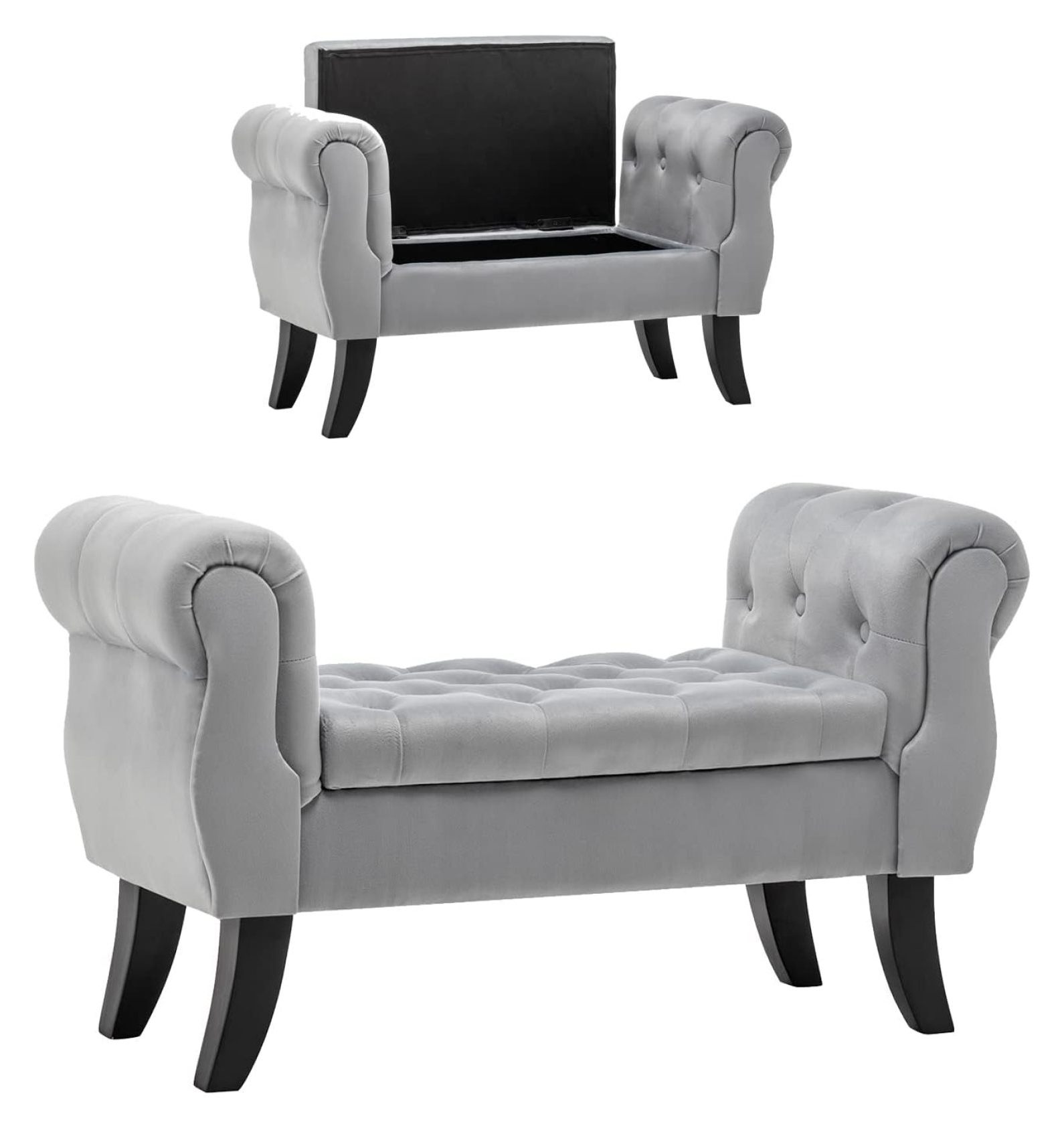 Drevy Rolled Arm Bed Bench with Storage Velvet Cushioned Bedroom