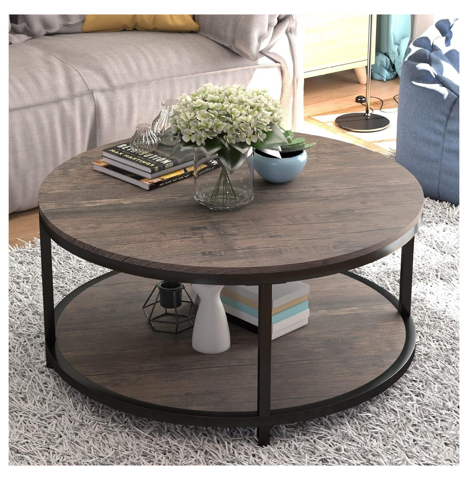 Round Light Walnut Wood Coffee Table with Storage Shelf