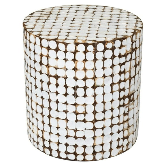 Drevy Round Side Table - Real Coconut Shell Mosaic Inlaid, Pre-Assembled, Natural Wood and Finish (White)