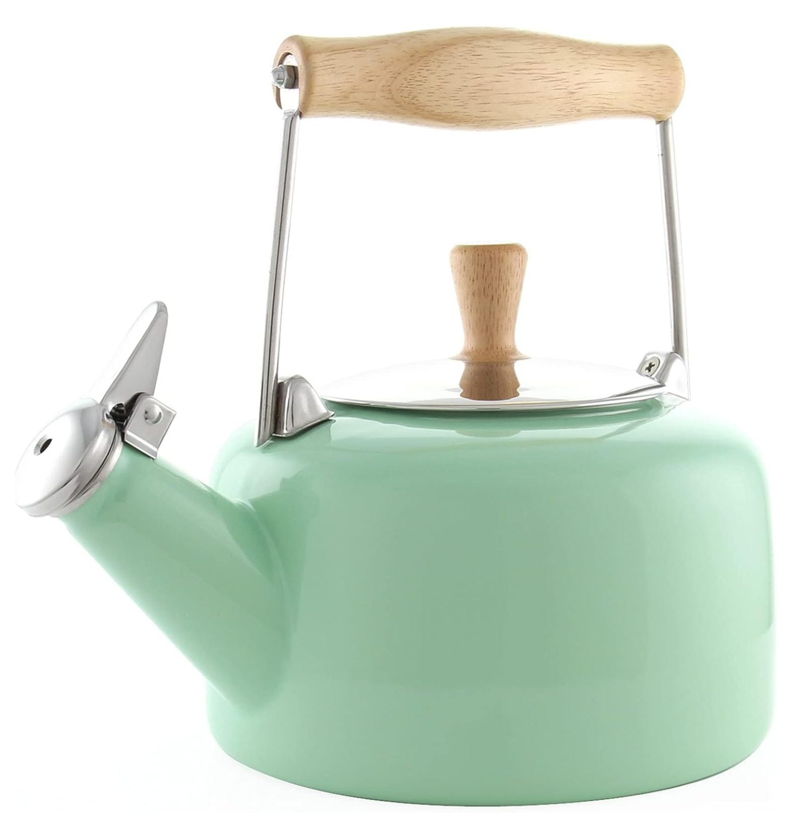 Mint Green Enamel and Wood Whistling Teakettle, 1.4-Quart