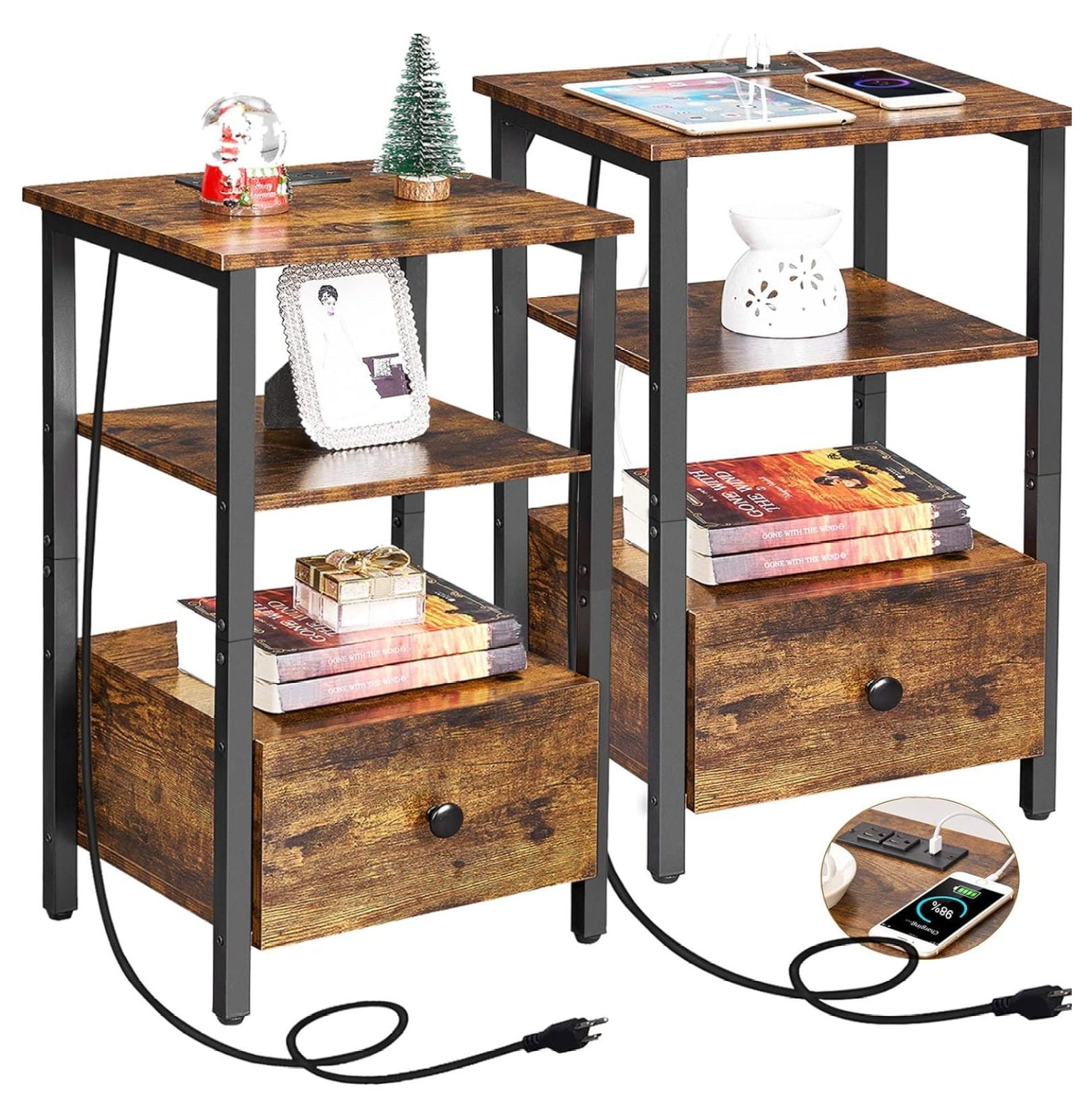 Drevy Set of 2 Nightstands, 3Tier End Tables with Charging Station