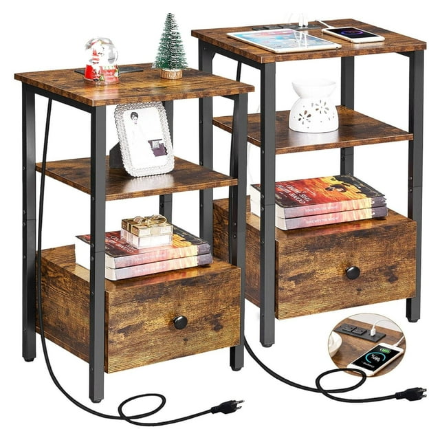 Drevy Set of 2 Nightstands, 3Tier End Tables with Charging Station