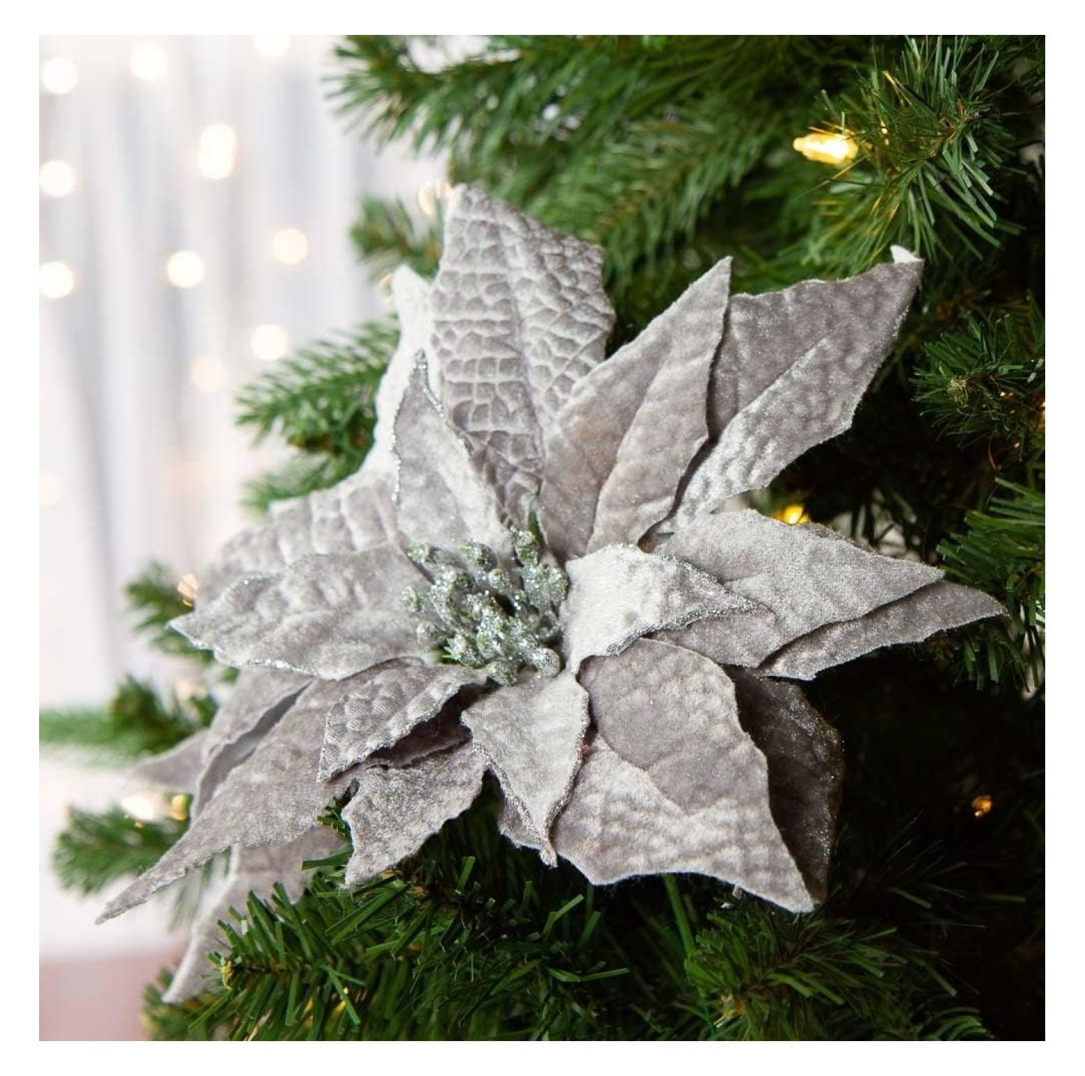 Drevy Set of 6 Silver Velveteen Poinsettia Flowers with Clips